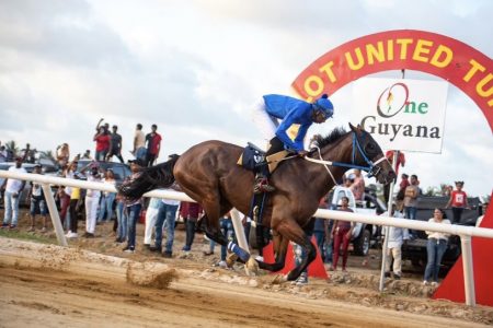 Alado captured an emphatic victory at the Bush Lot United Turf Club in the feature six-furlong event of the ‘Race of Champions’ meet on Sunday.