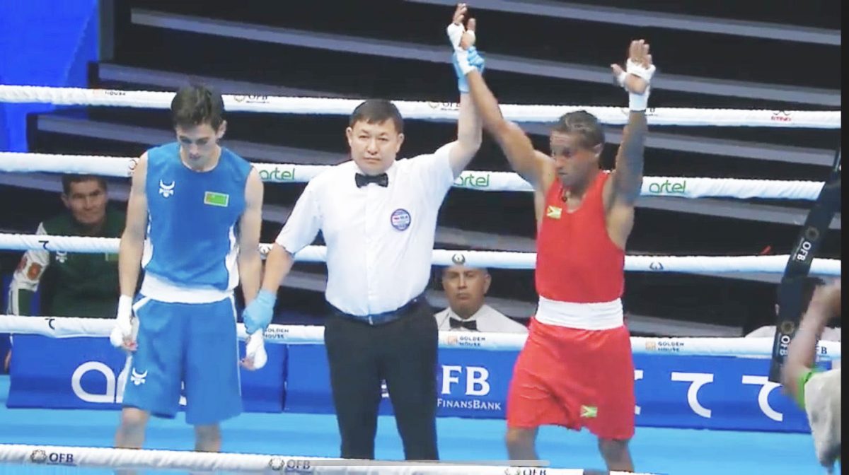 A screenshots of the livestream involving prized featherweight, Keevin Alliock who stopped Yhlas Gylychjanov of Turkmenistan in the round-of-32 stage of tahe International Boxing Association (IBA) Men’s World Boxing Championships currently underway at the Humo Arena in Tashkent, Uzbekistan yesterday.