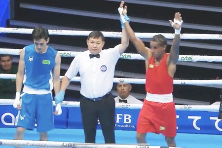 A screenshots of the livestream involving prized featherweight, Keevin Alliock who stopped Yhlas Gylychjanov of Turkmenistan in the round-of-32 stage of tahe International Boxing Association (IBA) Men’s World Boxing Championships currently underway at the Humo Arena in Tashkent, Uzbekistan yesterday.