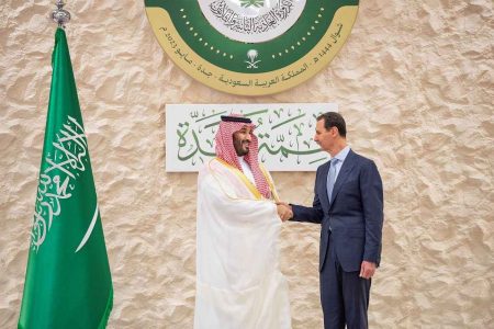 Bandar Algaloud/Courtesy of Saudi Royal Court/Handout via Reuters
Saudi Arabia’s Crown Prince Mohammed bin Salman shakes hands with Syria’s President Bashar al-Assad ahead of the Arab League Summit in Jeddah, Saudi Arabia on May 19.