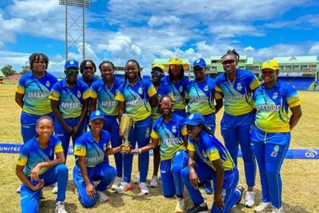  Barbados celebrate their capture of the CWI T20 Blaze yesterday. (Photo courtesy CWI Media)
