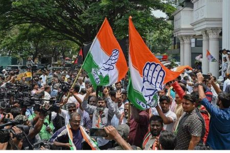 Supporters of the opposition Congress party in India celebrate their victory in the crucial state of Karnataka. PHOTO: AFP