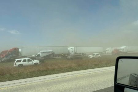 A view of vehicles in a dust storm, which cut visibility to near zero and triggered a series of chain-reaction crashes involving dozens of vehicles, on a highway in Springfield, Illinois, U.S. May 1, 2023 in this picture obtained from social media. Thomas DeVore via TMX/via REUTERS