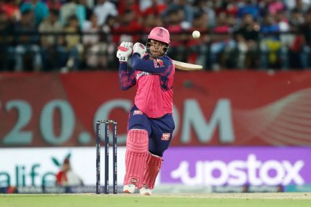 Shimron Hetmyer pulls during his crucial 46 for Rajasthan Royals against Punjab Kings in the IPL on Friday at the HPCA Stadium. (IPLT20 photo)