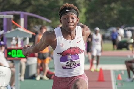 University of Arkansas triple jumper Jaydon Hibbert of Jamaica prepares to leap into the record books in the SEC Championship on Saturday at the Bert Moore Stadium in Baton Rouge, Louisiana, USA. (University of Arkansas photo) 