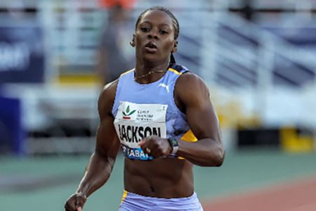 Jamaican Shericka Jackson runs at the Rabat Grand Prix