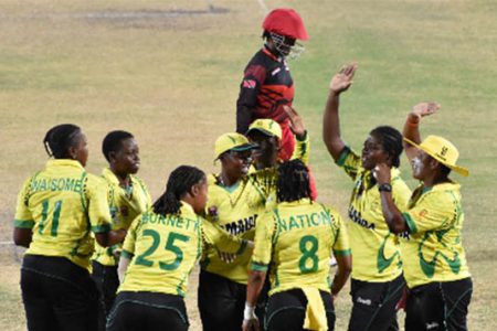 Jamaica women celebrate a wicket during their win over Trinidad and Tobago on Sunday.
(Photo courtesy CWI Media) 