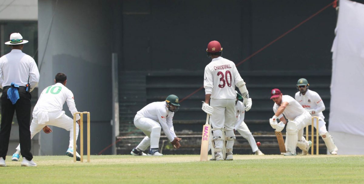 Joshua Da Silva, batting, and Tagenarine Chanderpaul, added 132 runs for the fourth wicket with Da Silva making 82 and Chanderpaul 83 to help the West Indies `A’ team reach 320-6 at stumps on the first day of the third test against Bangladesh `A’. (Photo courtesy Twitter)