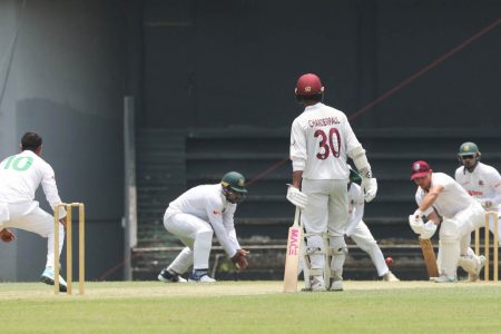 Joshua Da Silva, batting, and Tagenarine Chanderpaul, added 132 runs for the fourth wicket with Da Silva making 82 and Chanderpaul 83 to help the West Indies `A’ team reach 320-6 at stumps on the first day of the third test against Bangladesh `A’. (Photo courtesy Twitter)