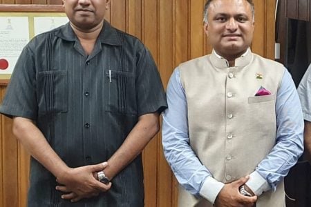 From  left are Guyana Police Force Assistant Commissioner Fazil Karimbaksh and  Dr KJ Srinivasa, Indian High Commissioner to Guyana (Indian High Commission photo)
