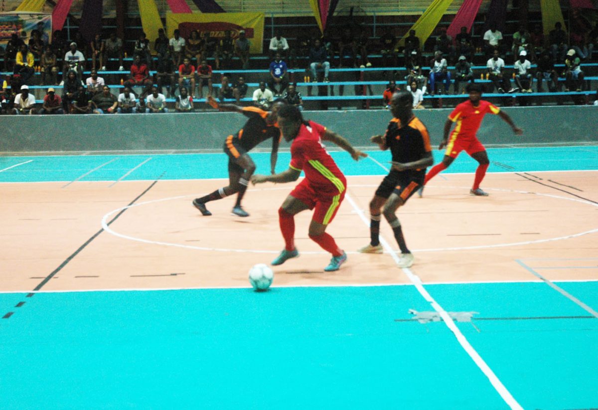 Part of the action between Bent Street (red) and Albouystown in the ‘One Guyana’ National Futsal Championship
