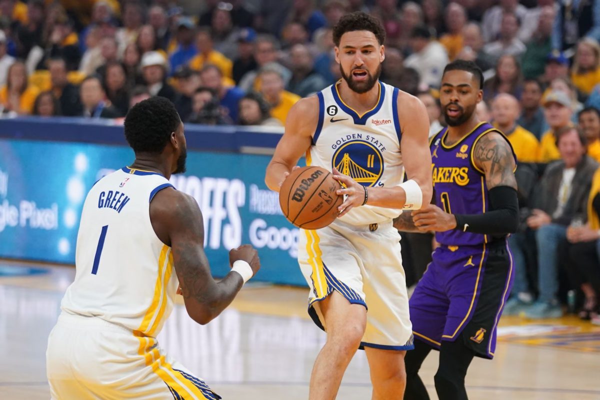 Golden State Warriors guard Klay Thompson (11) holds onto a rebound against the Los Angeles Lakers in the first quarter during game two of the 2023 NBA playoffs at the Chase Center. Mandatory Credit: Cary Edmondson-USA TODAY Sports
