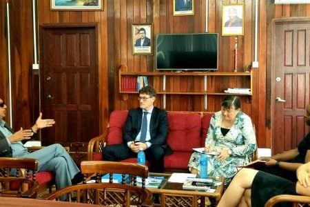 From left are: Attorney General Anil Nandlall SC, Alexander Matus, Anne Marlborough, Joann Bond and Evelina Melbarzde. (AG’s Chambers photo)