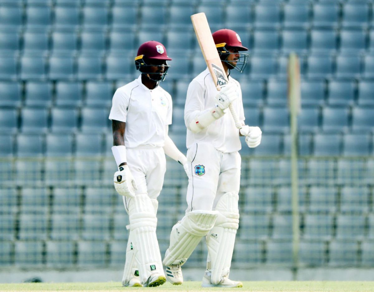 Openers Tagenarine Chanderpaul (left) and Kirk McKenzie (centre) set the foundation for a strong start from West Indies “A” against hosts Bangladesh “A” in the first “Test” yesterday in Sylhet. (CWI Media photo) 
