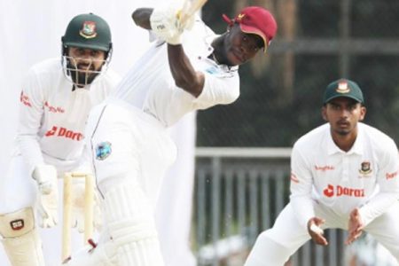 Left-handed opener Kirk McKenzie hits out during his 91 against Bangladesh A yesterday.