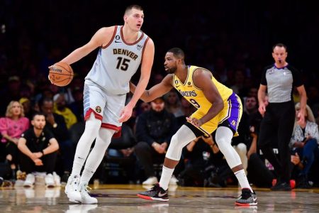 Denver Nuggets center Nikola Jokic (15) drives to the basket against Los Angeles Lakers center Tristan Thompson (9) during the fourth quarter in game four of the Western Conference Finals for the 2023 NBA playoffs at Crypto.com Arena.
Mandatory Credit: Gary A. Vasquez-USA TODAY Sports