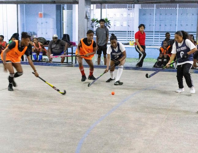 A battle for possession in one of the girls’ fixture