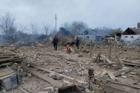 People are seen at the site of a residential area hit by a Russian military strike, amid Russia's attack on Ukraine, in the town of Pavlohrad, Dnipropetrovsk region, Ukraine May 1, 2023. Governor of Dnipropetrovsk Regional Military-Civil Administration Serhii Lysak via Telegram/Handout via REUTERS