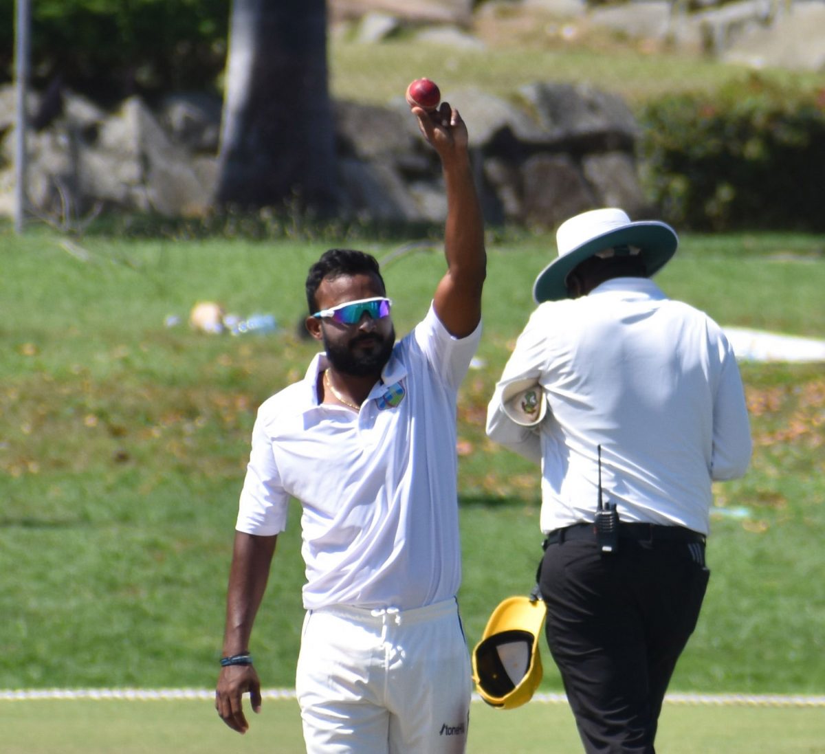 Veerasammy Permaul celebrates his 600th first class wicket on yesterday’s day one of the third Tri-Series match. (Photo courtesy CWI Media) 