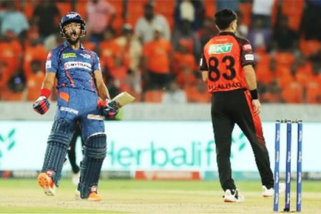 Nicholas Pooran celebrates after hitting the winning runs in Lucknow Super Giants’ win on Saturday. (Photo courtesy IPL)
