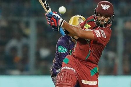 Left-hander Nicholas Pooran goes on the attack during his Man-of-the-Match half-century. (Photo courtesy of IPL) 