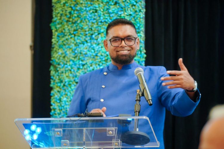 President Irfaan Ali  speaking at THAG’s annual Dinner (Office of the President photo)