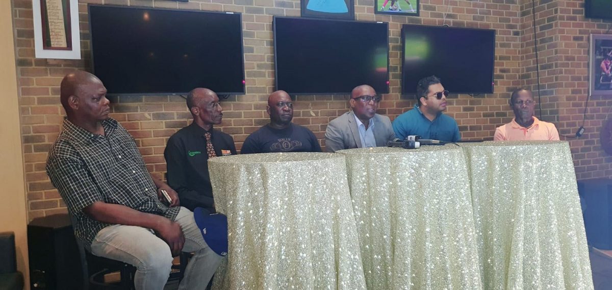 President of the Guyana Boxing Association, Steve Ninvalle (third right), Seon Bristol (third left) and other stakeholders at the press briefing on yesterday.
