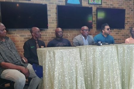 President of the Guyana Boxing Association, Steve Ninvalle (third right), Seon Bristol (third left) and other stakeholders at the press briefing on yesterday.
