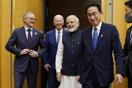 From left: Quad leaders Anthony Albanese of Australia, Joe Biden of the US, Narendra Modi of India and Fumio Kishida of Japan before their summit at Kantei Palace in Tokyo on May 24, 2022. (AP)