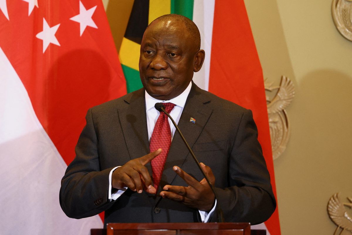 South African President Cyril Ramaphosa and Singapore Prime Minister Lee Hsien Loong (not pictured) attend a media briefing and signing ceremony at Tuynhuys to strengthen the bilateral relationship between the two countries in Cape Town, South Africa, May 16, 2023. REUTERS/Esa Alexander