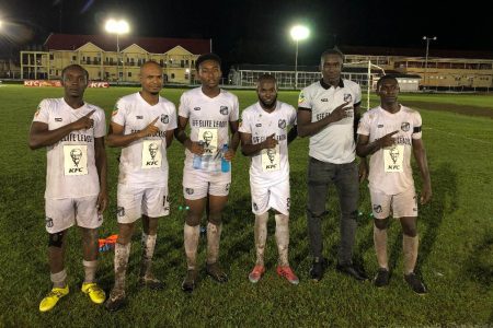 Santos scorers from left David George, Earl Gill, Akil Plass, Jamal Codrington, Shane Jones, and Stephon Reynolds