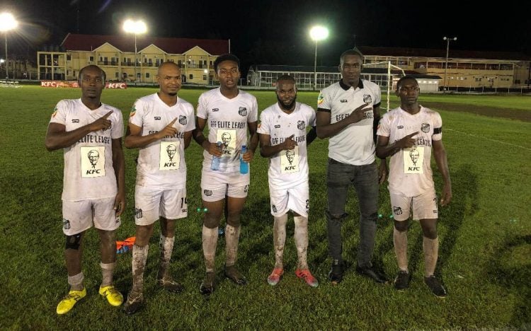 Santos scorers from left David George, Earl Gill, Akil Plass, Jamal Codrington, Shane Jones, and Stephon Reynolds