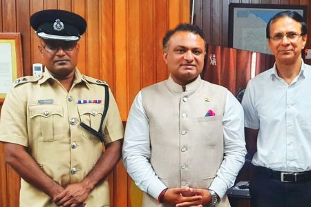From left are Commander Shivpersaud Bacchus, Dr KJ Srinivasa  and Brahmdev Tyagi (Indian High Commission photo)
