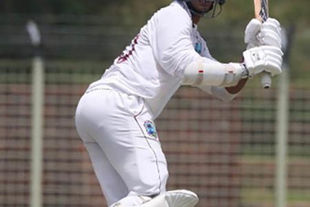 Left-handed opener Shiv Chanderpaul gathers runs through the on-side during Tuesday’s day one of the third “Test”