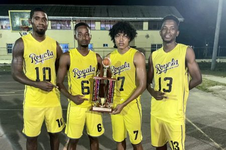 Victory Valley Royals displaying their championship  trophy after defeating Kid Rock Blazers in the LABA U23 3x3 Final