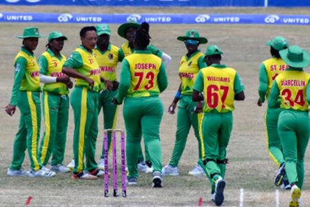 Windward Islands Women celebrate a wicket during yesterday’s win. (Photo courtesy CWI Media) 