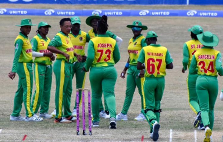 Windward Islands Women celebrate a wicket during yesterday’s win. (Photo courtesy CWI Media) 