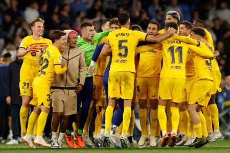 The Barcelona players celebrate their 27th LaLiga title triumph. (Reuters photo)
