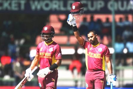 Centurions Shai Hope (left) and Nicholas Pooran shared a fourth wicket partnership of 216 as West Indies defeated Nepal by 101 runs.