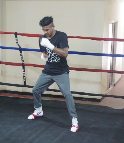 Elton Dharry has arrived to put on a show. He was pictured yesterday at the Andrew ‘Sixhead’ Lewis Gym, putting the finishing touches on his fight camp (Emmerson Campbell photo)