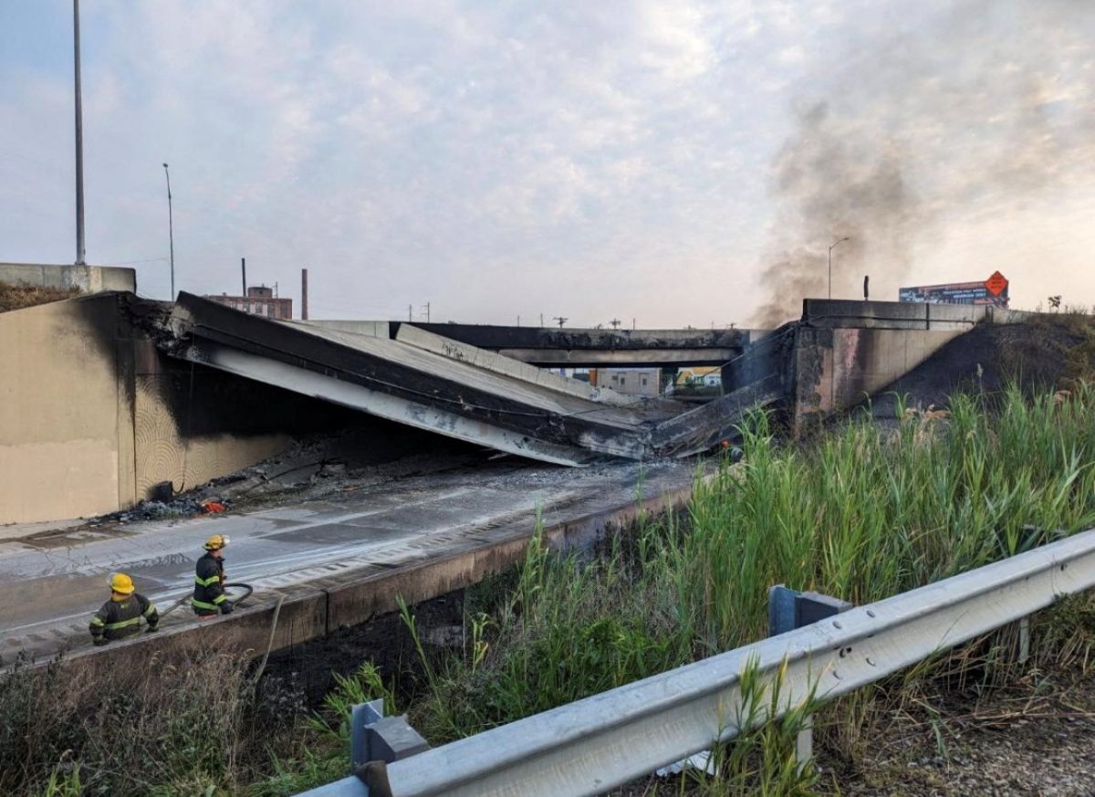 A general view shows the partial collapse of Interstate 95 after a fire underneath an overpass in Philadelphia, Pennsylvania, U.S., June 11, 2023. City of Philadelphia Office of Emergency Management/Handout via REUTERS