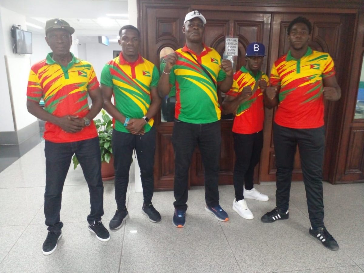 Guyana’s boxing contingent of (from left) Lennox Daniels, Desmond Amsterdam, Terrence Poole, Joel Williamson and Emmanuel Pompey arrived in El Salvador for the Central American and Caribbean (CAC) Games yesterday.
