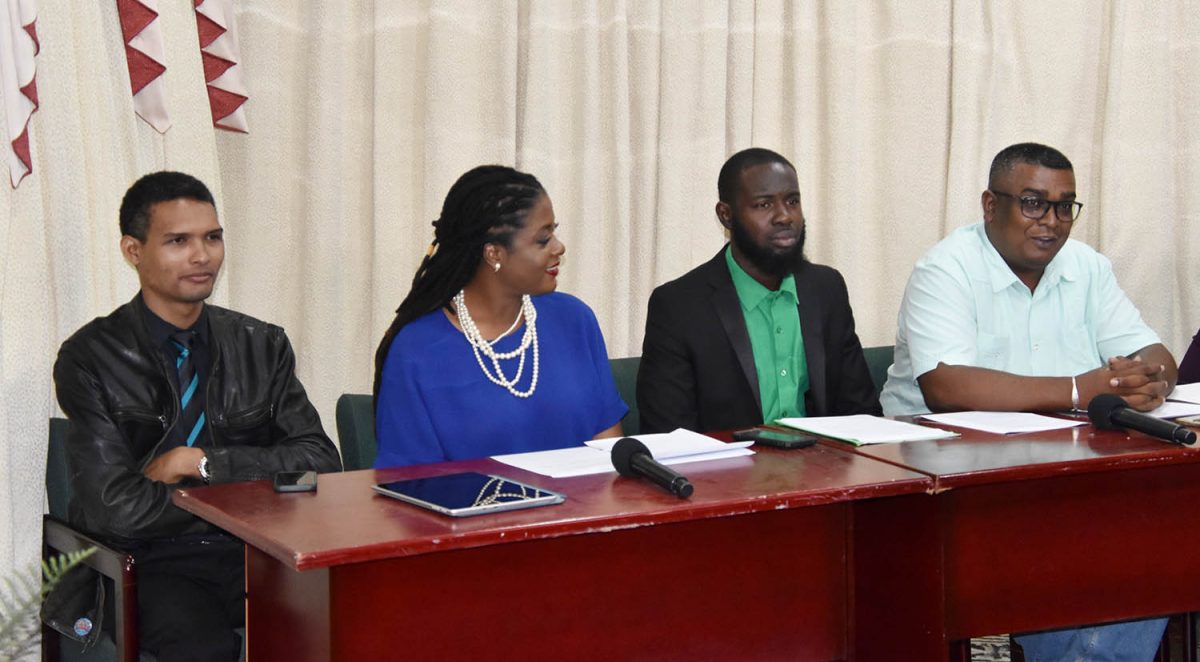 The APNU panel at a press conference yesterday. From left are: Elson Lowe, Amanza Walton-Desir, Kibwe Copeland and Ganesh Mahipaul.
