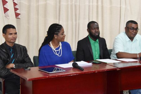 The APNU panel at a press conference yesterday. From left are: Elson Lowe, Amanza Walton-Desir, Kibwe Copeland and Ganesh Mahipaul.

