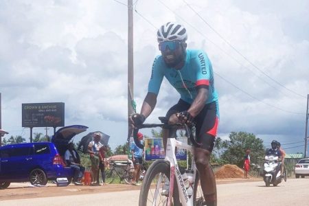 Briton John soloed to victory to claim the senior men’s title for this year’s National Road Race Championship yesterday in Linden.(Photo courtesy of Guyana Cycling News)