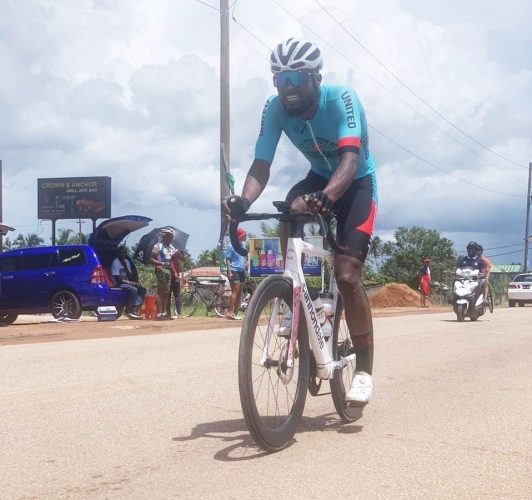 Briton John soloed to victory to claim the senior men’s title for this year’s National Road Race Championship yesterday in Linden.(Photo courtesy of Guyana Cycling News)