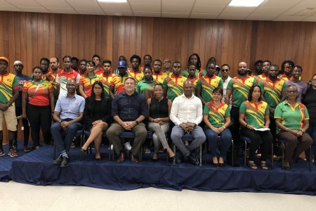 The GOA Executive Committee posing with several of the athletes and coaches that will be representing Guyana at the CAC Games in El Salvador and the Dominican Republic