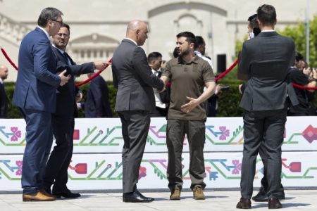 Ukrainian President Volodymyr Zelensky (C-R) and Swiss Federal President Alain Berset shake hands after the family photo at the European Political Community (EPC) Summit at the Mimi Castle in Bulboaca, Moldova, 01 June 2023. Moldova hosts the 2nd European Political Community Summit on 01 June 2023 at the Mimi Castle. EPA-EFE/PETER KLAUNZER