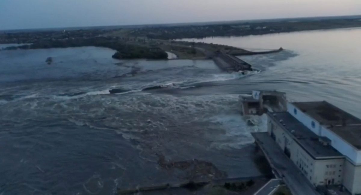 A general view of the Nova Kakhovka dam that was breached in Kherson region, Ukraine June 6, 2023 in this screen grab taken from a video obtained by Reuters/via REUTERS