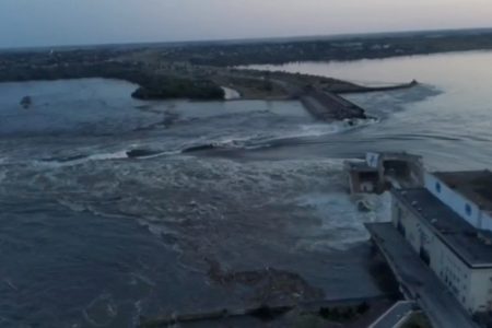 A general view of the Nova Kakhovka dam that was breached in Kherson region, Ukraine June 6, 2023 in this screen grab taken from a video obtained by Reuters/via REUTERS